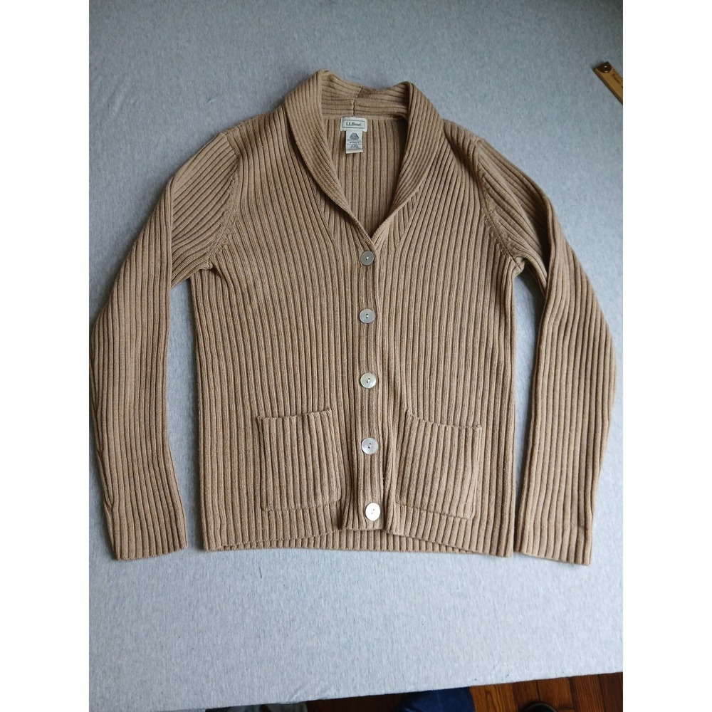 LL Bean Sweater Medium Wool Cardigan Ribbed Knit Shawl Collar Pockets VTG